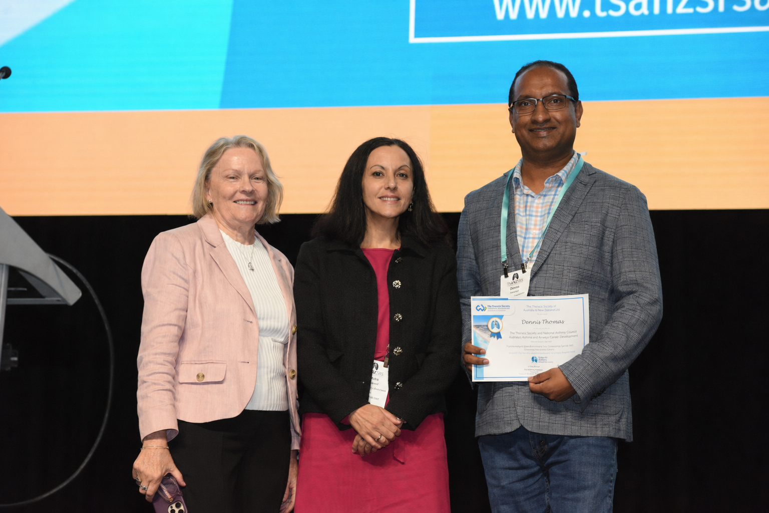 Picture: A/Prof Debbie Rigby (NAC Clinical Executive Lead), Prof Natasha Smallwood (TSANZ President), Dr Dennis Thomas (Fellowship recipient).