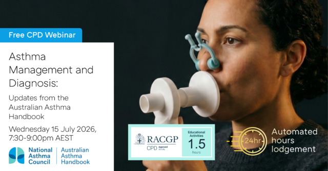 Details about a webinar on asthma management and diagnosis. A female using a spirometry device.