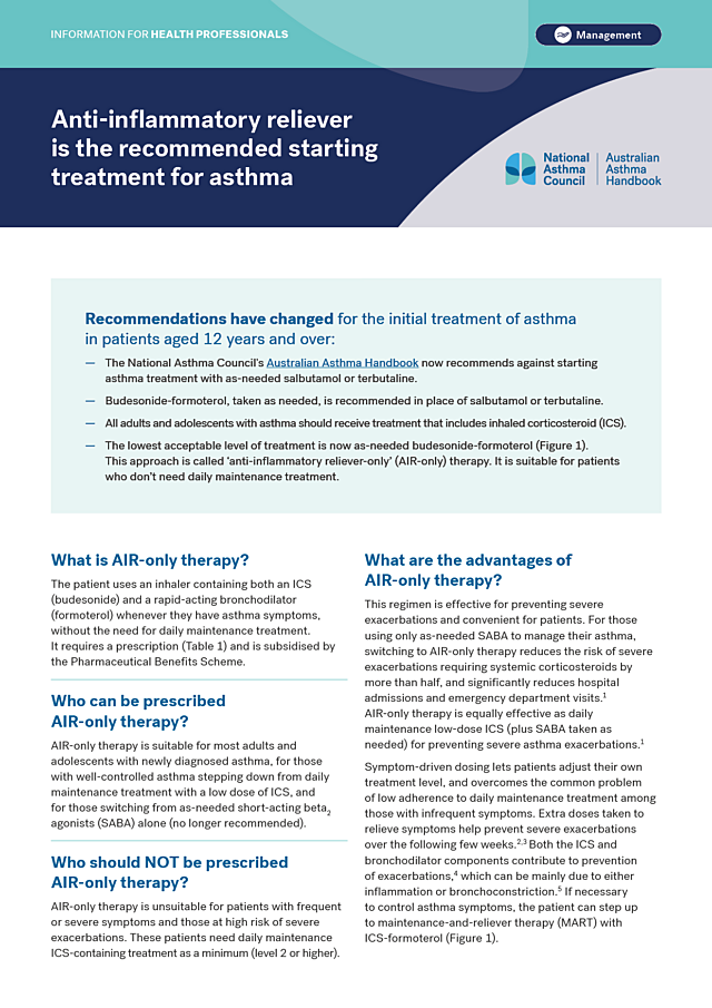 Anti-inflammatory reliever is the recommended starting treatment for asthma